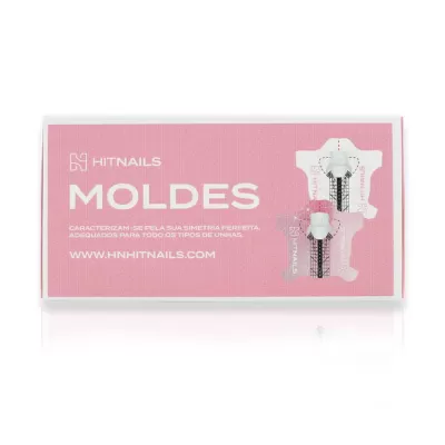 Embalagem rosa de moldes para unhas sintéticas com texto em branco