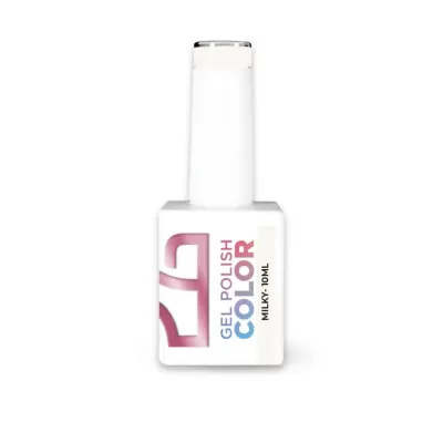 Frasco branco de verniz gel para unhas com texto colorido e tampa branca.
