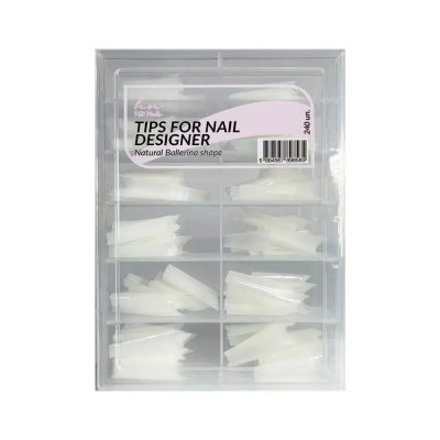 Caixa transparente com pontas de unha falsas brancas em compartimentos.