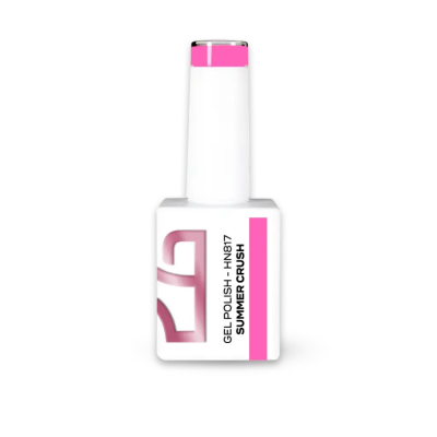 Frasco de verniz gel para unhas branco e rosa com texto SUMMER CRUSH