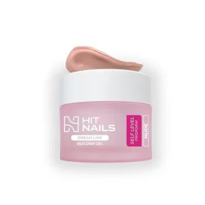 Frasco rosa e branco de gel para unhas Hit Nails Builder Gel com amostra de cor nude