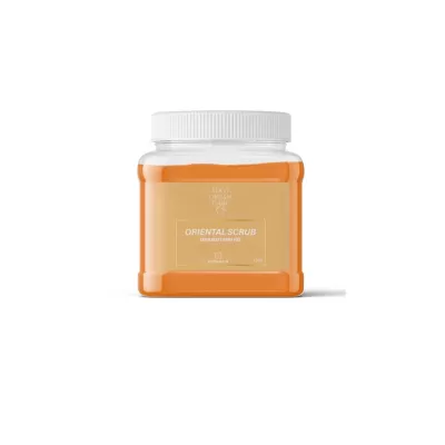 Frasco plástico transparente com creme laranja e tampa branca