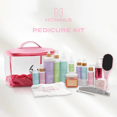 Kit de pedicure HITNAILS com vários frascos, esponja, lima, lixa, raspador e estojo transparente rosa