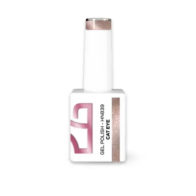 Frasco branco de verniz gel com tampa prateada e texto 'GEL POLISH - HN839 CAT EYE'.