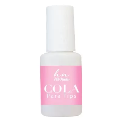 Frasco branco de cola para tips com rótulo rosa e texto branco