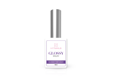 Frasco de verniz de unhas HIT NAILS Glossy Milky com tampa prateada.