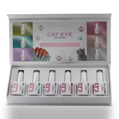 Estojo branco com seis frascos de verniz para unhas da coleção CAT EYE e design com patas de gato e imagem de gato cinza