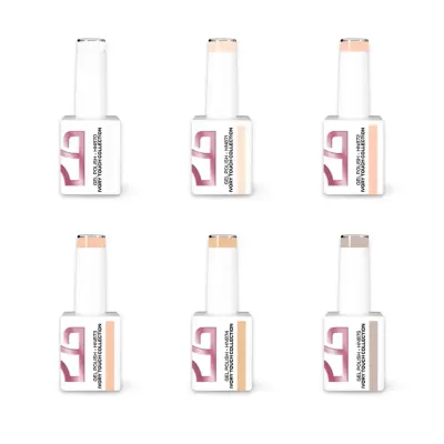 Seis frascos de verniz gel para unhas da coleção Ivory Touch com tampa branca