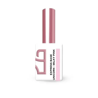 Frasco de verniz de unhas branco com tampa rosa metálica e texto 'EXPRESS BASE UNICORN - MILKY PINK'.