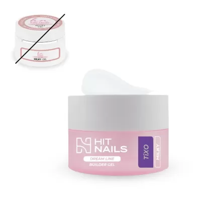 Frasco rosa de gel para unhas HIT NAILS com tampa branca e texto branco e roxo