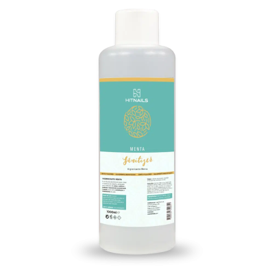 Frasco plástico transparente de sanitizer HNTNails com rótulo azul e branco