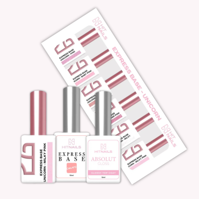 Três frascos de verniz HTNAILS com tampas rosa e prata, e cartela de etiquetas EXPRESS BASE UNICORN