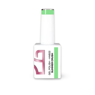 Frasco de verniz gel branco com rótulo SUMMER CRUSH e tampa com detalhe verde