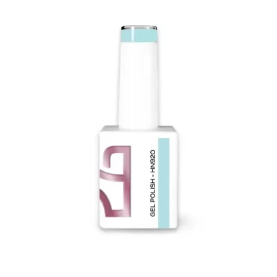 Frasco de verniz gel para unhas branco com tampa azul clara e texto