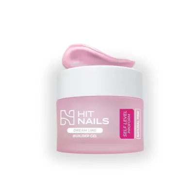 Frasco rosa fosco de gel para unhas HIT NAILS com tampa branca e gel rosa visível no topo