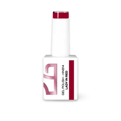 Frasco branco de verniz gel para unhas com tampa e rótulo vermelho