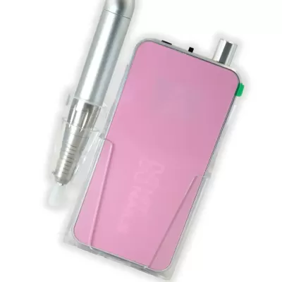 Aparelho portátil rosa com estojo transparente e acessório metálico