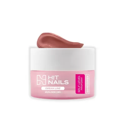 Frasco rosa e branco de gel para unhas HIT NAILS com amostra do produto sobre a tampa