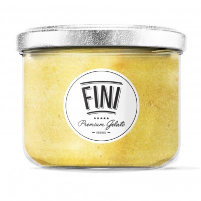 Frasco de gelado amarelo com rótulo FINI Premium Gelato ORIGINAL