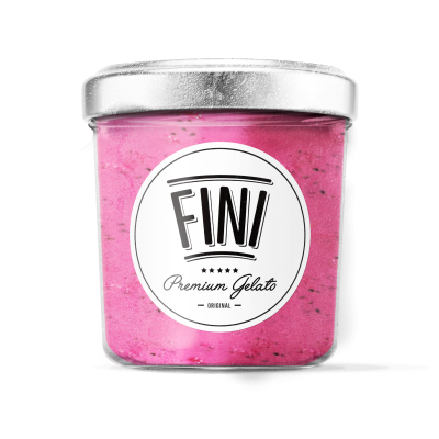 Frasco de gelado rosa com rótulo FINI Premium Gelato