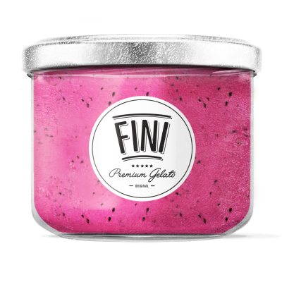 Pote de gelado rosa com tampa branca e etiqueta FINI Premium Gelato.