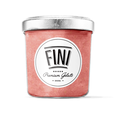 Frasco de gelado rosa com rótulo branco e tampa metálica