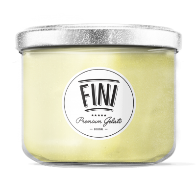 Frasco de vidro com gelado amarelo claro e etiqueta FINI Premium Gelato