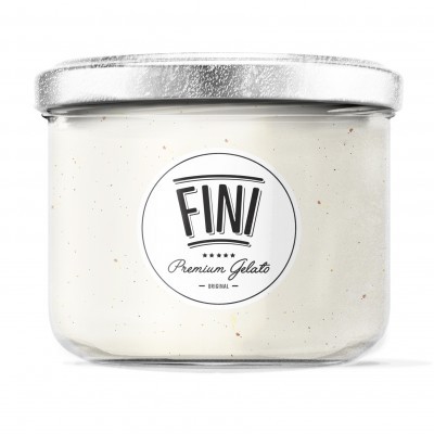 Frasco de vidro com tampa metálica prateada e etiqueta FINI Premium Gelato