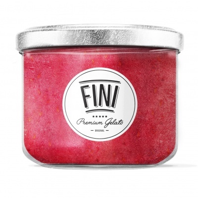 Frasco de vidro com gelado vermelho e etiqueta FINI Premium Gelato