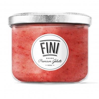 Frasco de vidro com gelado vermelho e rótulo FINI Premium Gelato