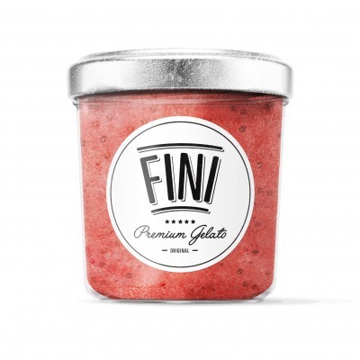 Frasco de vidro com gelado rosa e rótulo FINI Premium Gelato