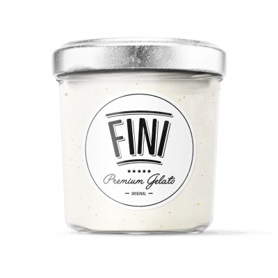 Frasco de vidro com gelado branco e etiqueta com texto FINI Premium Gelato