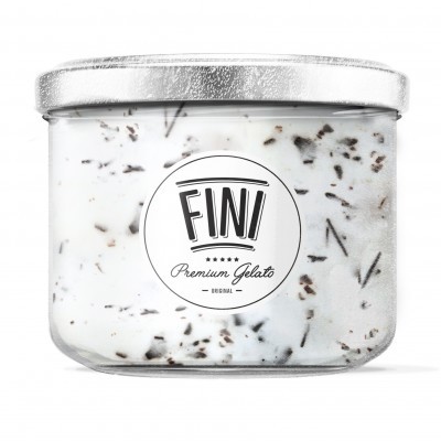 frasco de vidro com gelado branco e manchas escuras com etiqueta FINI Premium Gelato