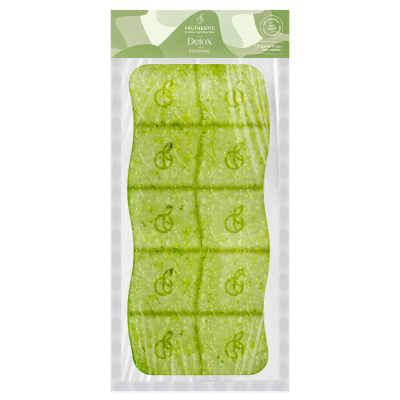 Embalagem de produto FRUTHENTIC Detox Pêssego com fatias verdes estampadas visíveis