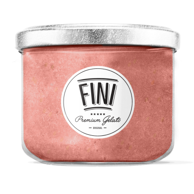 Frasco de gelado cor-de-rosa com tampa metálica e etiqueta branca FINI Premium Gelato.