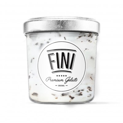Frasco de gelado Fini Premium Gelato Original branco com pedaços escuros e tampa prateada