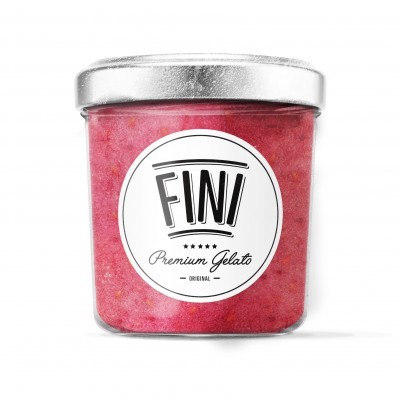 Frasco transparente com gelado vermelho e rótulo FINI Premium Gelato