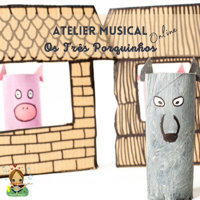 Figuras de papel dos Três Porquinhos com casas de papel e texto do atelier musical