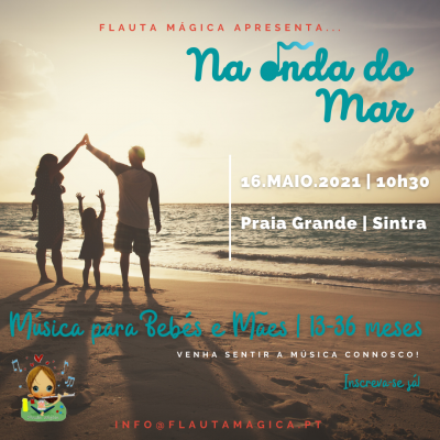 Cartaz de evento musical Na Onda do Mar na praia com família ao pôr do sol