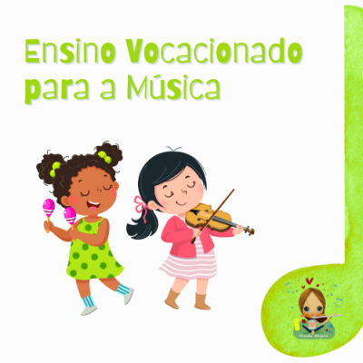 Ilustração de crianças a tocar instrumentos musicais com texto sobre ensino vocacionado para música