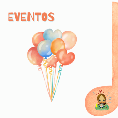 Balões coloridos com texto 'EVENTOS' e logótipo ilustrado