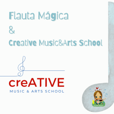 Cartaz promocional da escola creATIVE MUSIC & ARTS SCHOOL com texto e ilustração de criança tocando flauta