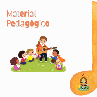 Ilustração de mulher com guitarra rodeada por crianças numa relva verde e texto Material Pedagógico