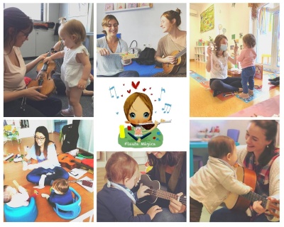 Colagem de imagens de adultos e crianças a tocar instrumentos musicais em ambiente interior