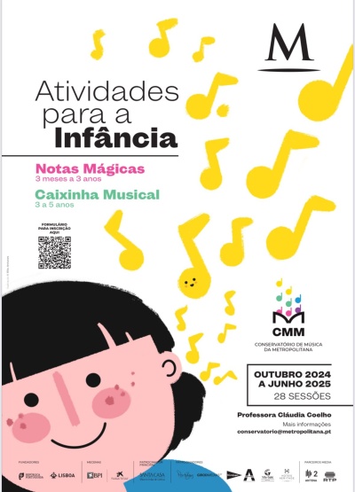Cartaz colorido com texto sobre atividades musicais para crianças e ilustração de criança com notas musicais amarelas.