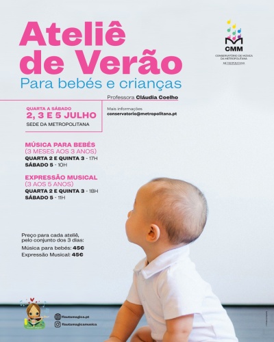 Poster de Ateliê de Verão para bebés e crianças com foto de bebé a olhar para a direita