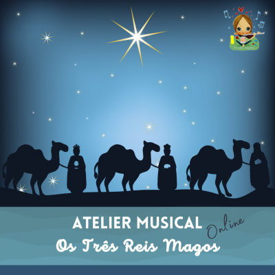 Silhuetas de reis magos e camelos com texto promocional em azul estrelado