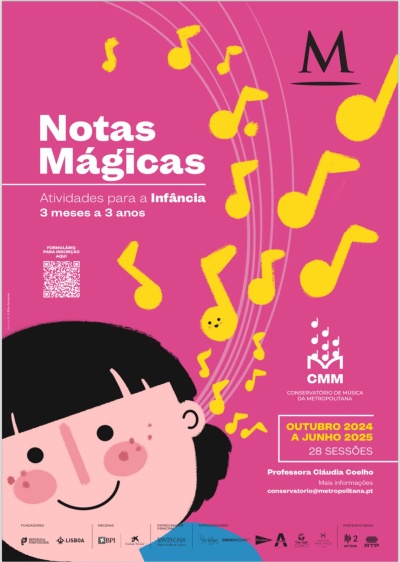 Cartaz rosa com criança e notas musicais amarelas para atividade 'Notas Mágicas' de música para crianças pequenas.