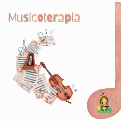 Ilustração de nota musical rosa com partituras, violino e metrônomo para musicoterapia