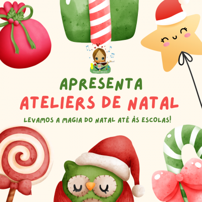 Elementos gráficos de Natal com texto sobre ateliers de Natal